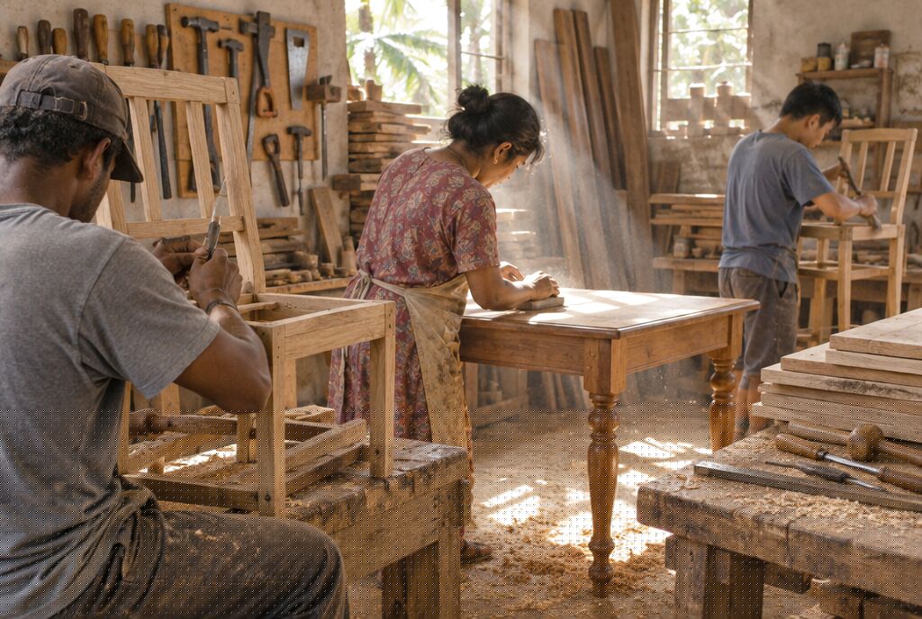 Mauritian craftspeople at work in the workshop