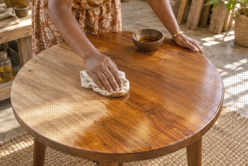 Hands oiling a round coffee table