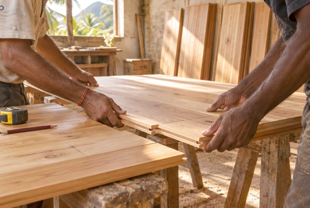 Hands assembling sauna panels in the workshop