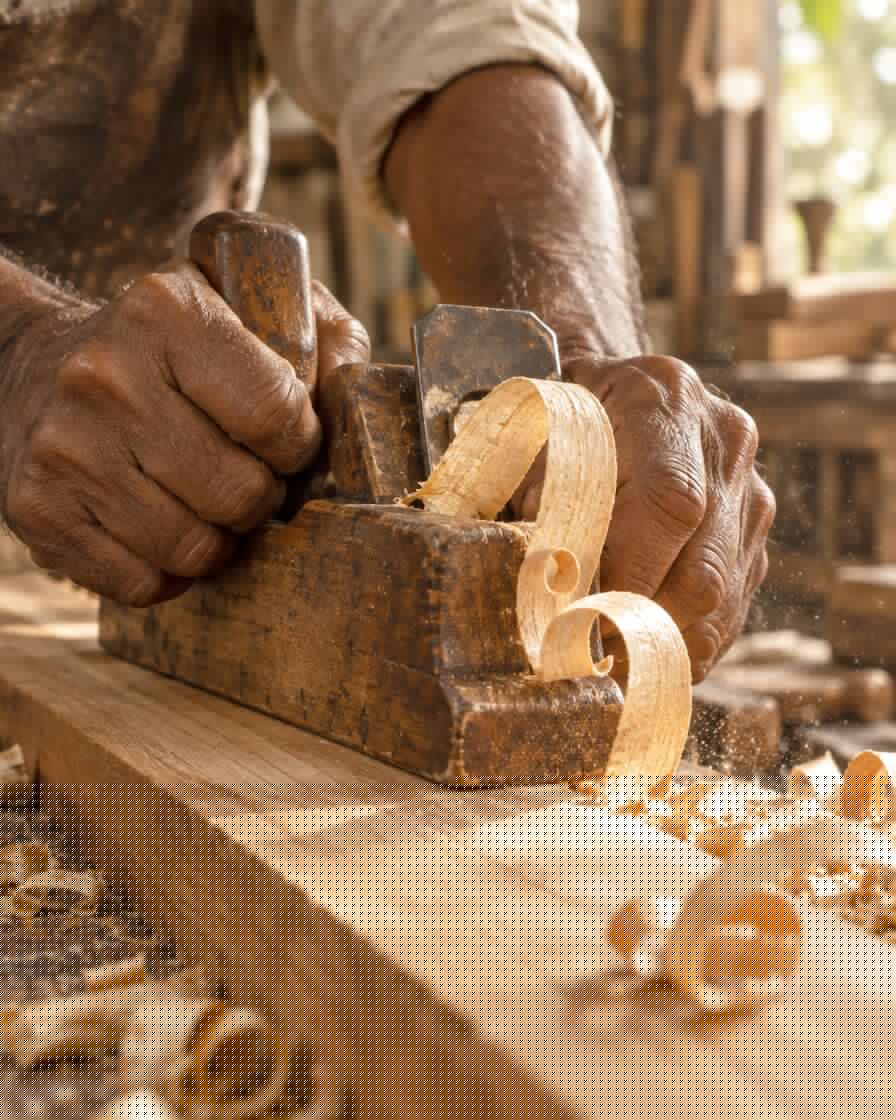 Craftsman's hands planing a board, wood shavings