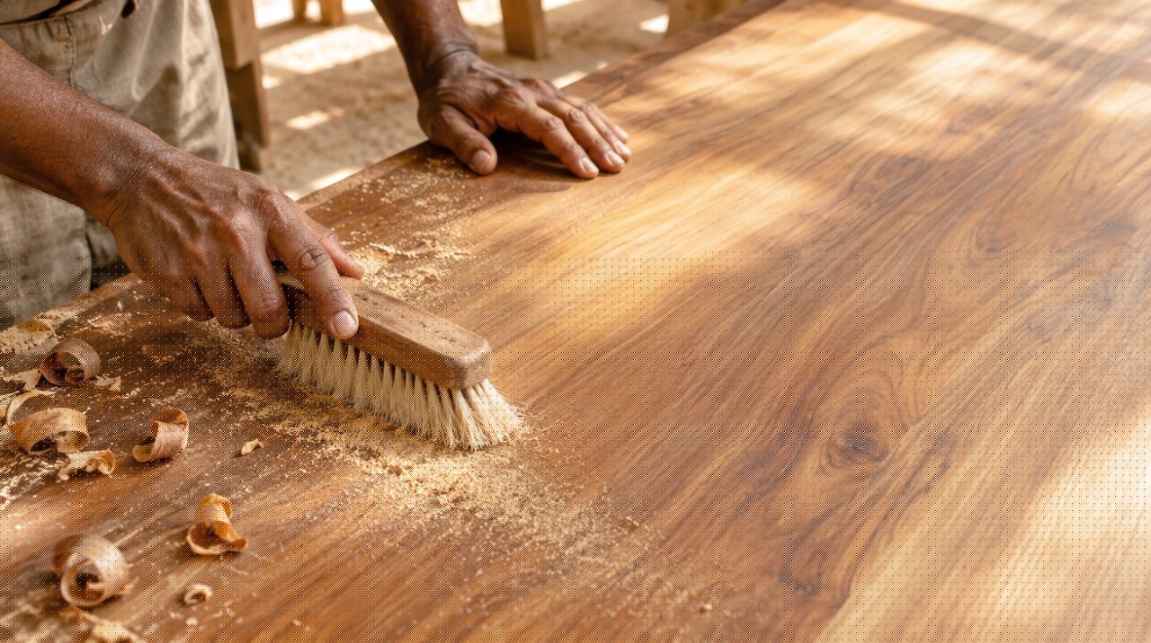 Hands brushing sawdust off a finished wooden top