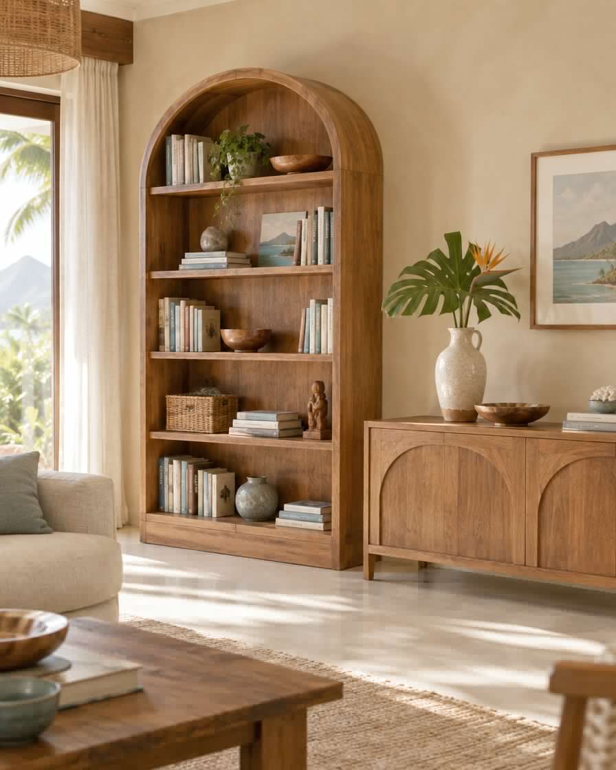 Arched bookcase and console