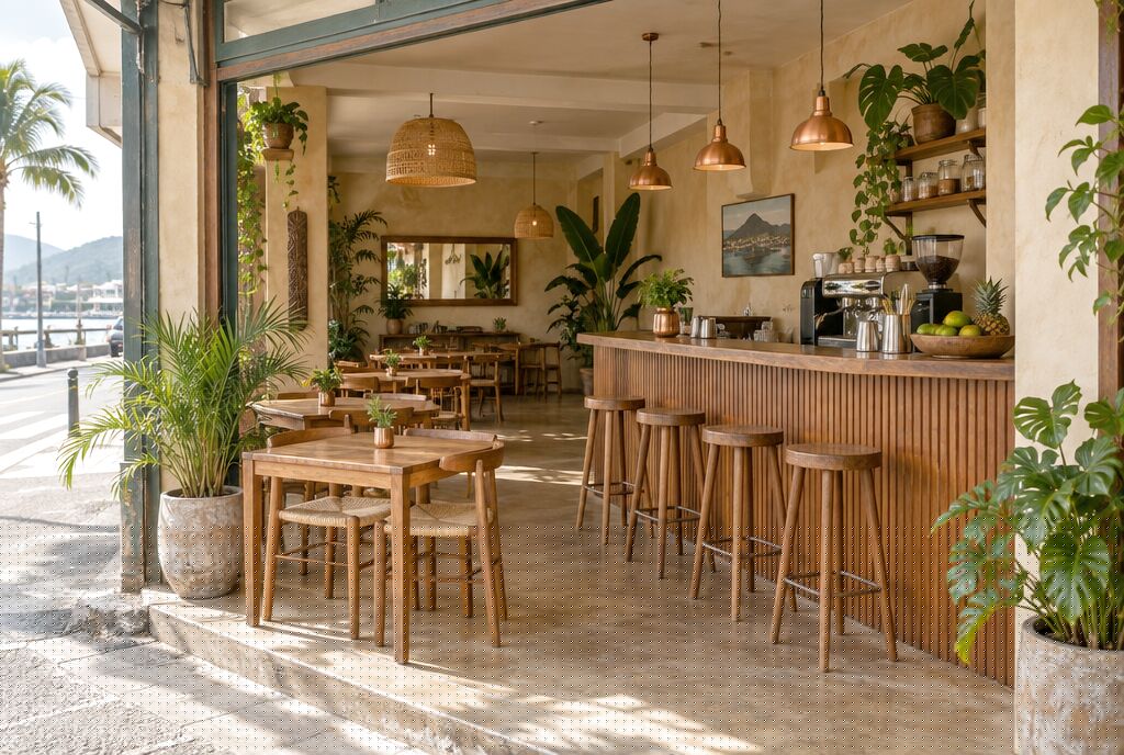 Fluted counter and wooden furniture in a café in Port Louis