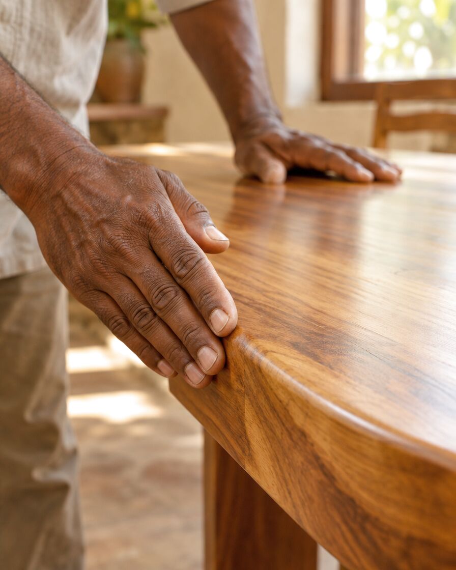 Craftsman's hand on the rounded edge of a solid wood table