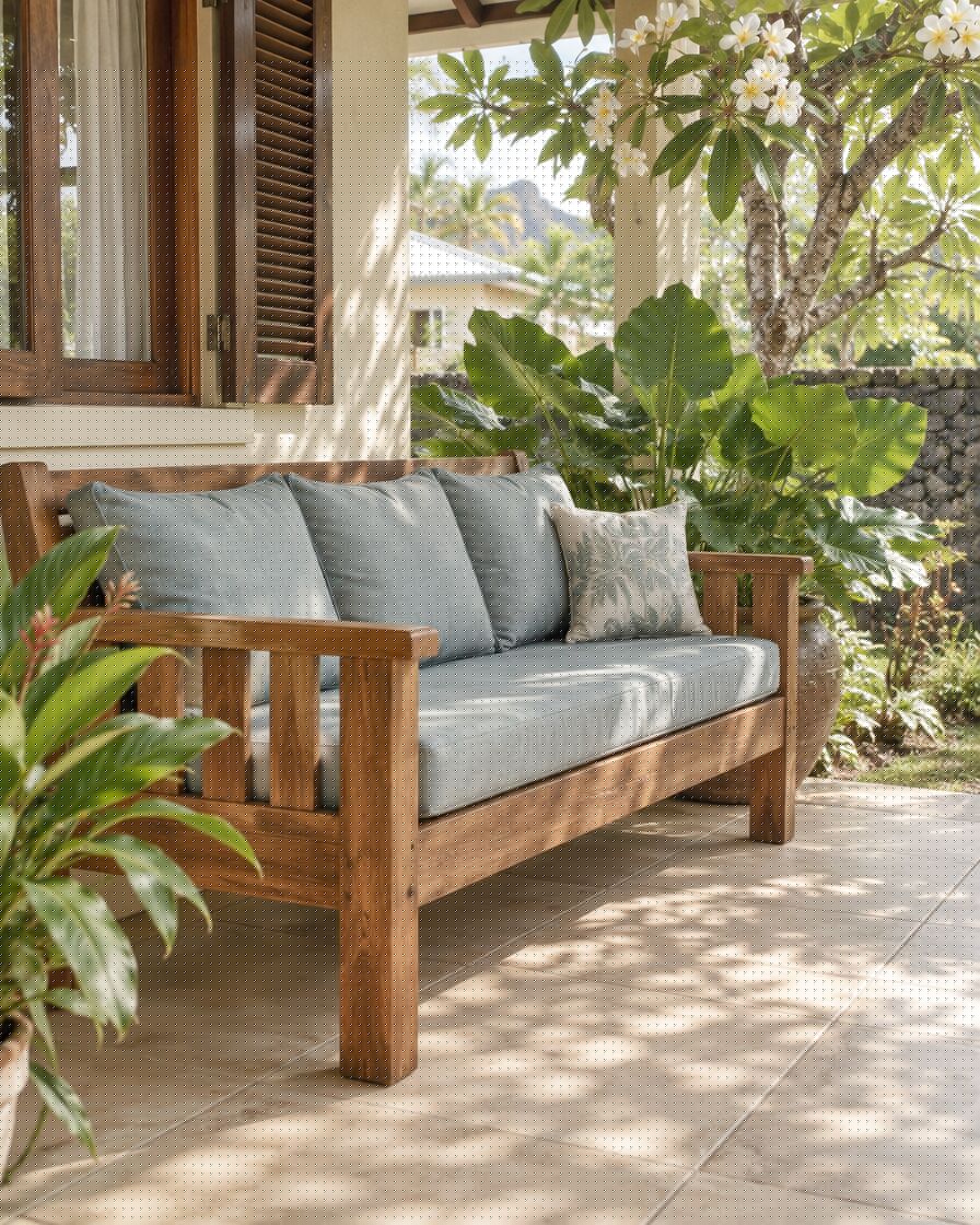 Veranda bench with blue-grey cushions