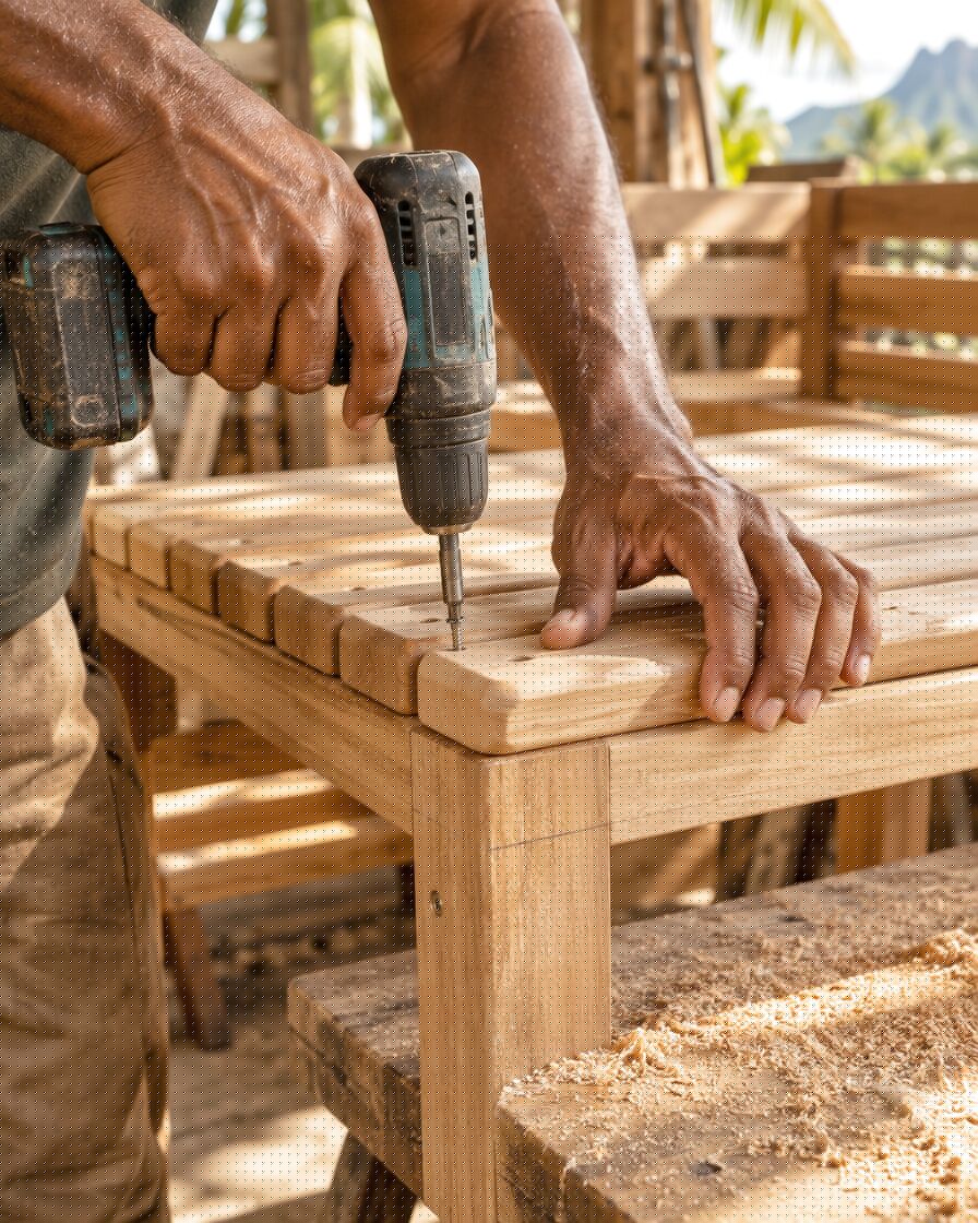 Sauna bench being made