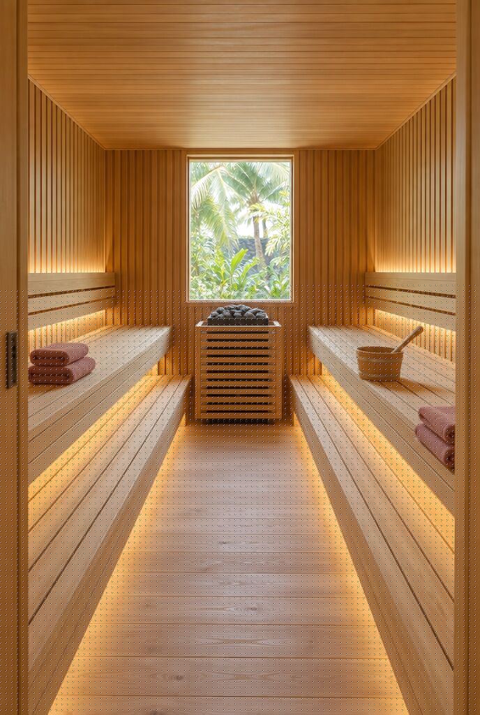 Inside a hotel spa sauna, light wooden benches on either side of the stove