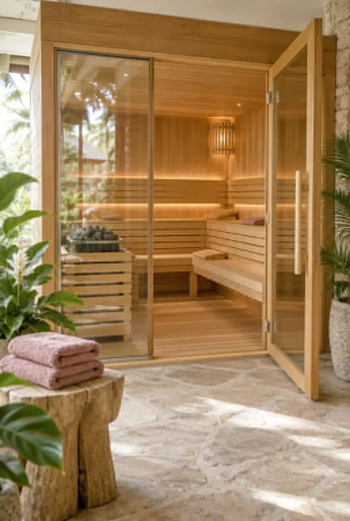 Indoor hotel spa with its glass-fronted light wood sauna
