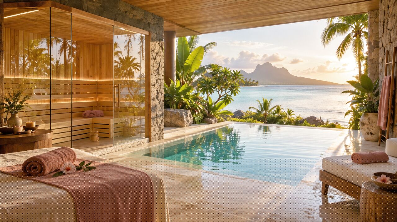 Glass-fronted sauna and pool in a resort spa at sunset