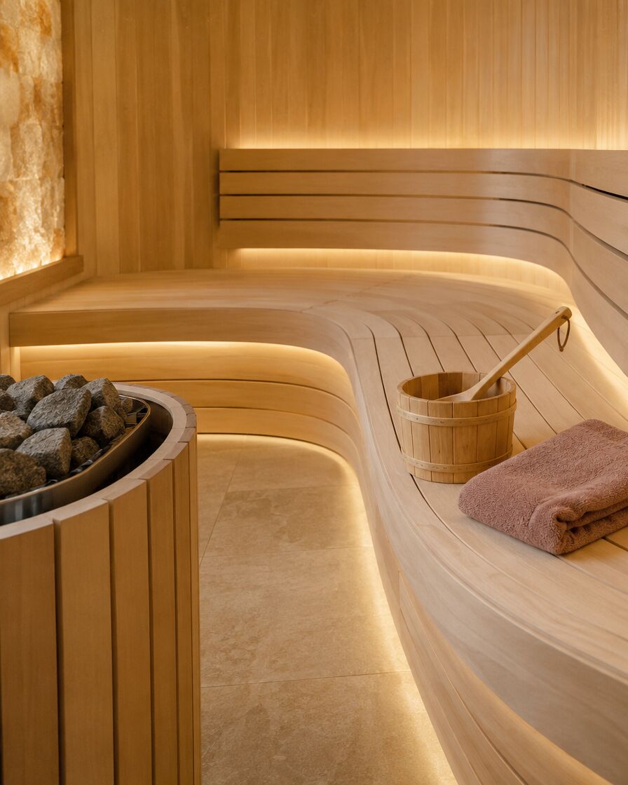 Curved benches and built-in lighting in a hotel spa sauna